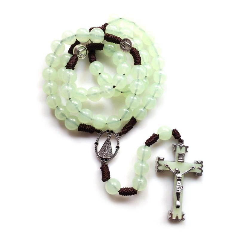 10mm Acrylic Bead Rosary Necklace Vintage Weave Catholic Religious Cross Jesus Pendant Necklaces for Men Women Jewelry Charm