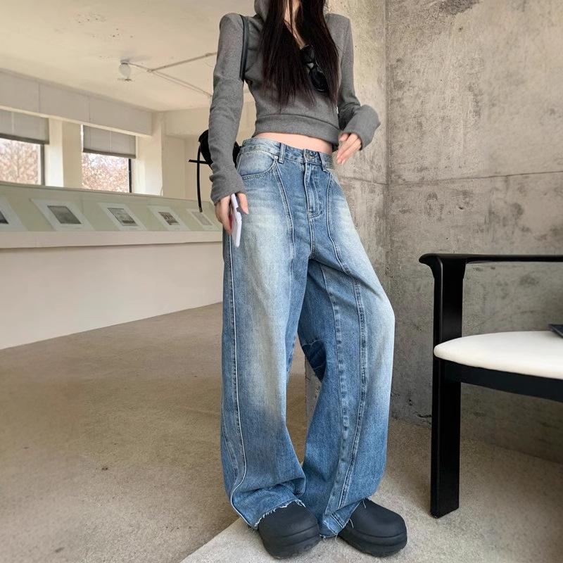 Women’s Retro Patchwork Wide-Leg Distressed Jeans