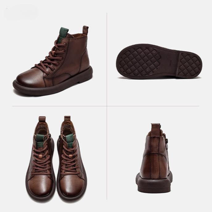 Johnature Oryginalne skórzane botki retro na co dzień, jednolity kolor, miękka podeszwa, krótkie buty, uniwersalne buty damskie