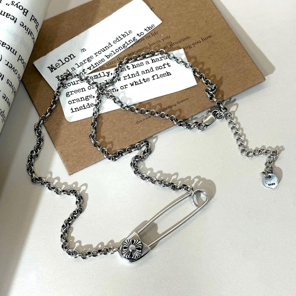 Sterling Silver Cross Flower Brooch Necklace, Unisex Trendy O-Shaped Sweater Chain with Universal Clasp