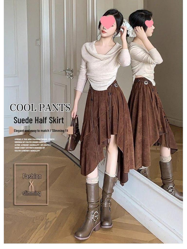 Women's Autumn High-Waist French Ruffle Suede Midi Skirt, Anti-Exposure with Irregular Fluffy Design