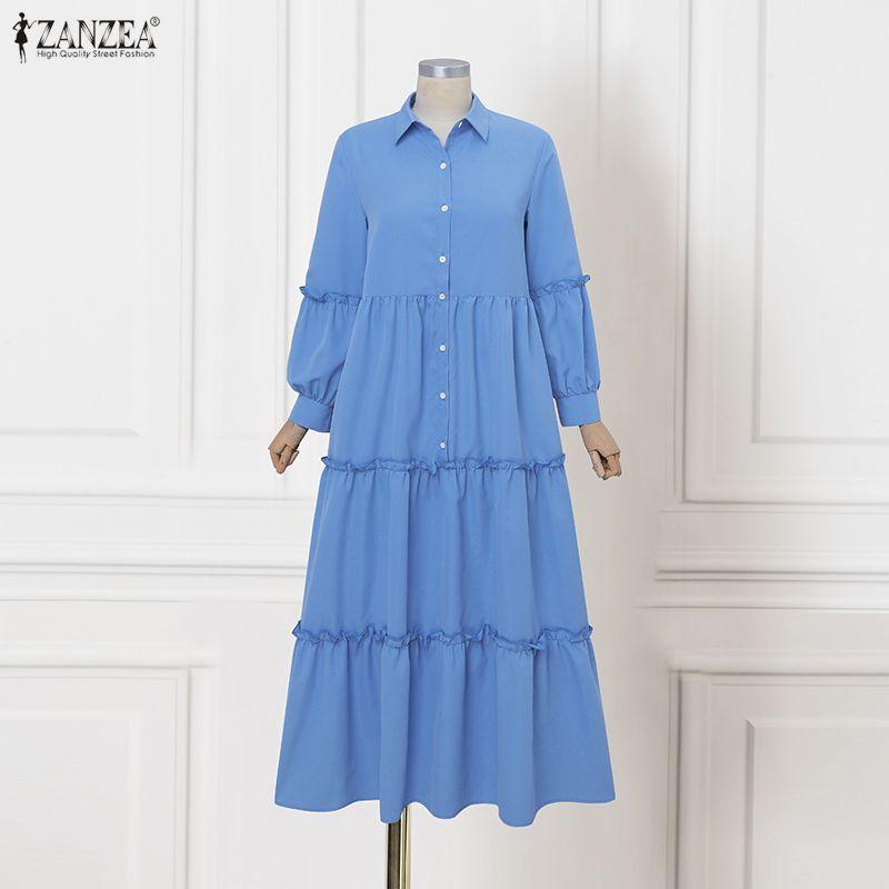 ZANZEA Women Casual Turn Down Collar Loose Long Sleeve Muslim Dress