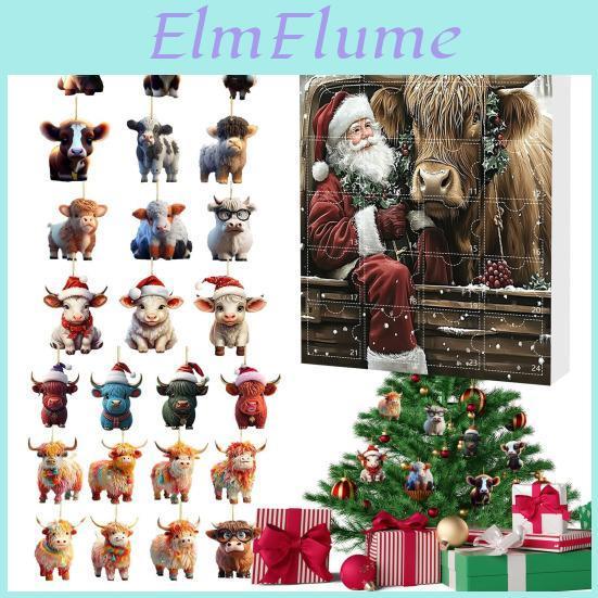 Cow Calendar Highland Ornaments Advent 2025 24 Days Christmas Countdown Calendar With Cartoon Cows Ornament For Xmas Tree Decor