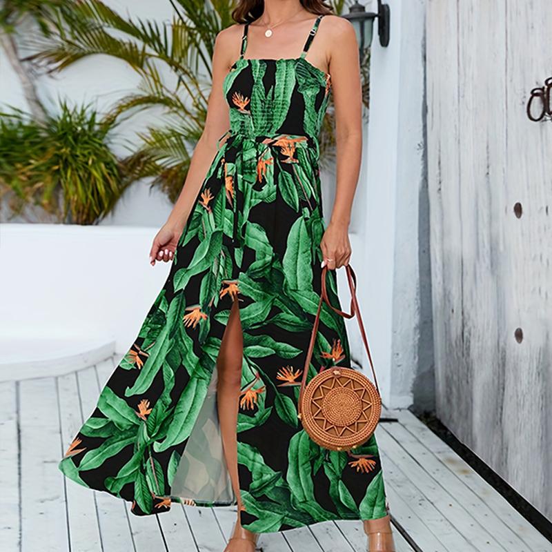 Dámské letní plážové šaty v bohémském stylu s potiskem rozdělených listů