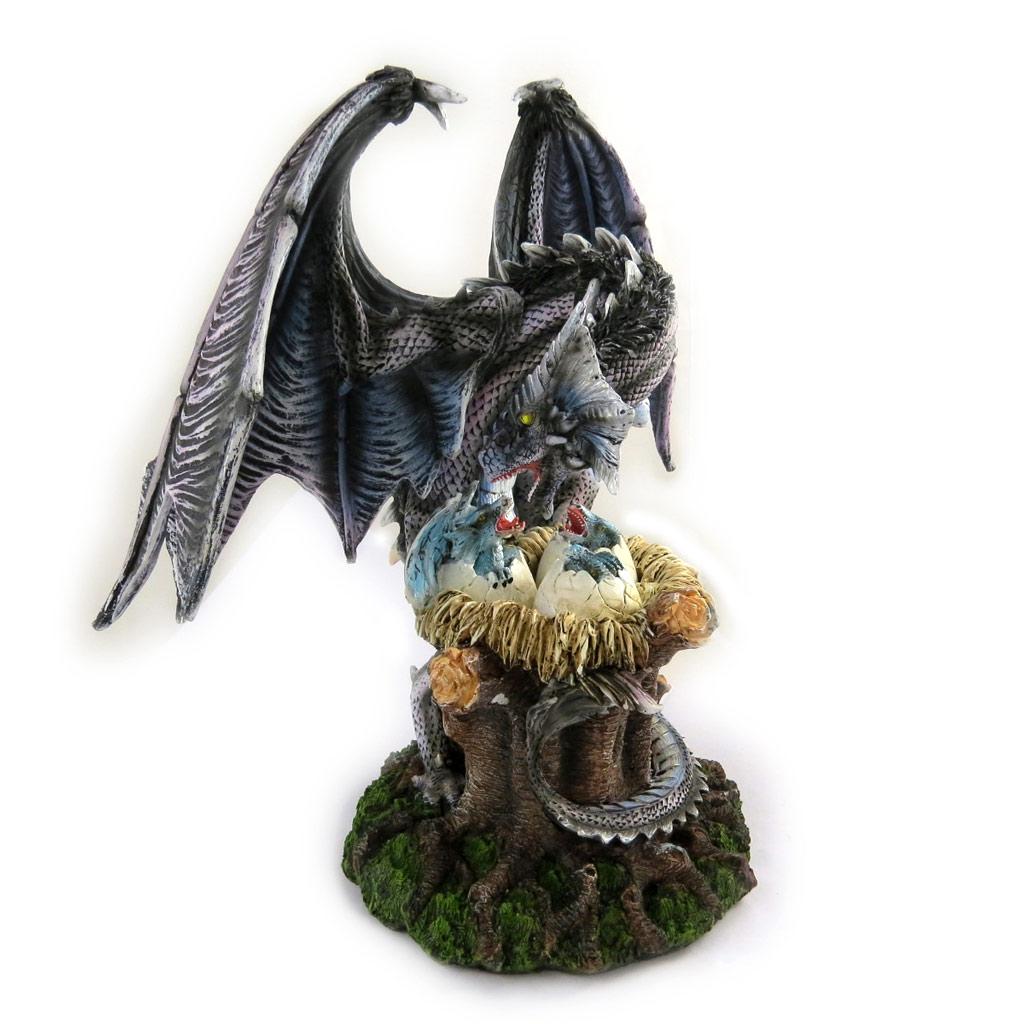 Les Trésors De Lily [L8838] - Figurine 'Mystical Dragon and Its Little Ones' Grey-blue - Height 38 Cm