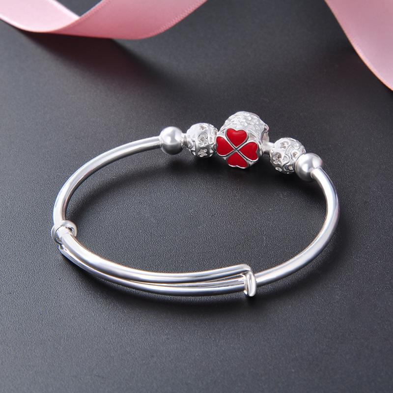 S990 Silver Bracelet Women's Korean Edition Minimalist Red Dropped Oil Clover Bracelet Fashion Hand Decoration Foot Silver Bracelet