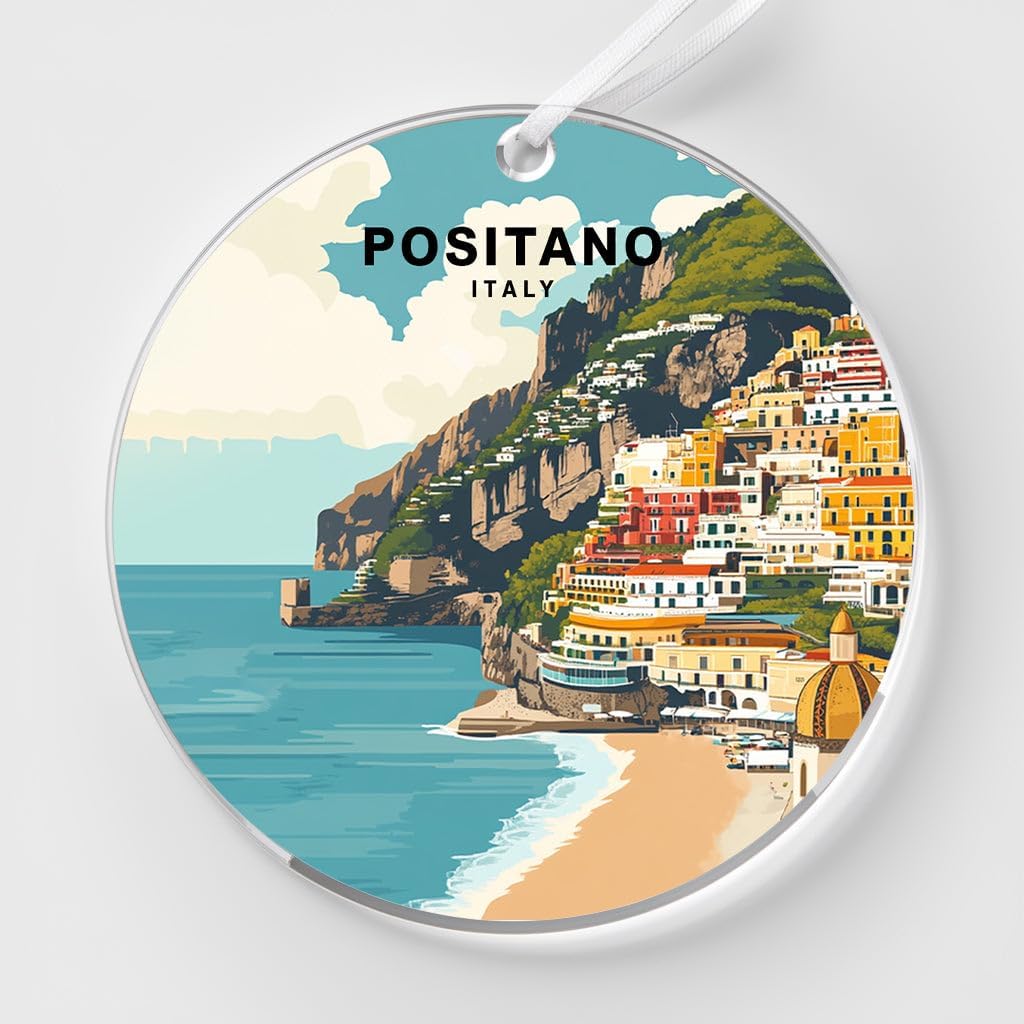 Positano Italy Acrylic Ornament - Amalfi Coast Colorful Cliffside Houses Artwork - Scenic Mediterranean Travel Souvenir Keepsake - Holiday Ornament