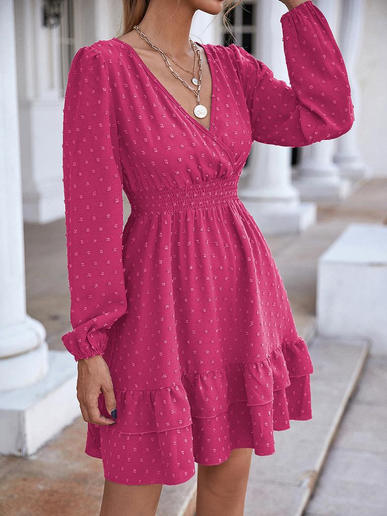 Women V Neck Long Lantern Sleeve Dress, Ruffle Hem A Line Flowy Dress, Elegant Commuter Midi Dress for Spring