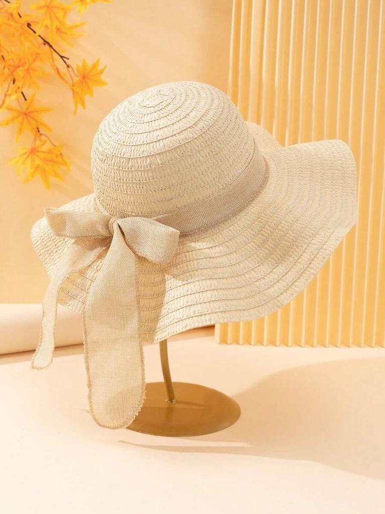 Women Summer White Straw Sun Hat With Polka Dot Bow Beach Travel UV Protection