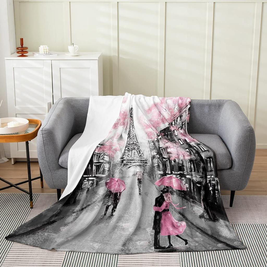 Pink Paris Tower Romantic Travel Flannel Pink Girl Blanket Soft Plush Sofa Nap Blanket