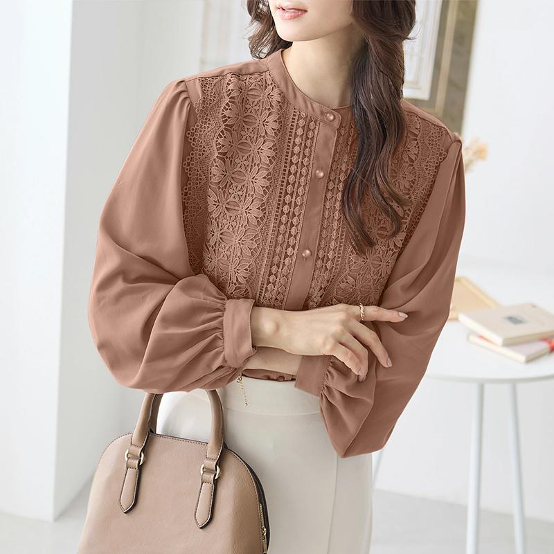 

ZANZEA Жіноча повсякденна мереживна блузка з довгим рукавом, в’язана гачком 2XL камея рожевий колір