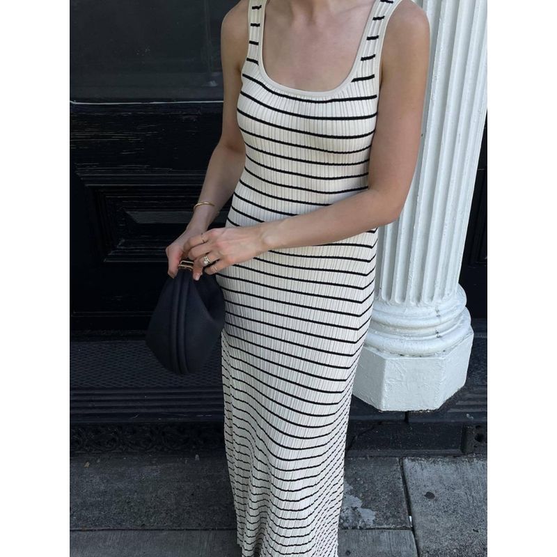 Stripe Vest Contrast Color European and American Style Beach Vacation Sexy Long dress Knitted Sunken Stripe Long Dress Summer Women