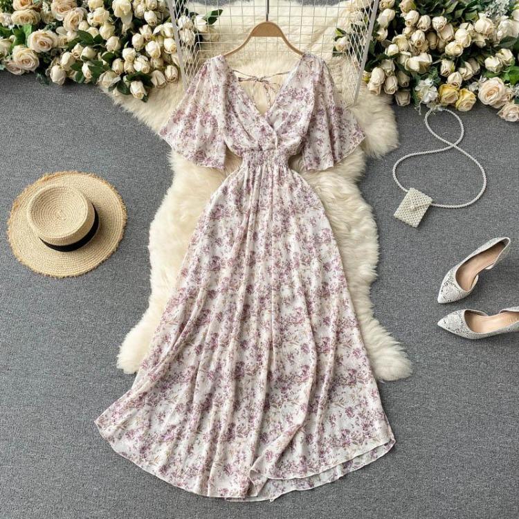 Women Floral Summer Short Sleeve V Neck A Line High Waist Ruched Long Dress