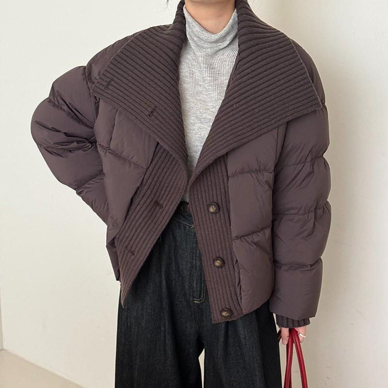 2026 Winter Women's Knit Patchwork White Duck Down Jacket - European & American Fashion Loose Fit Warm Outerwear