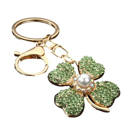 

Keychain Pendant Shiny Rhinestones Imitation Pearls Inlaid Four-Leaf Clover Design Zinc Alloy Key Chain with Lobster Clasp Lightweight Key Holder