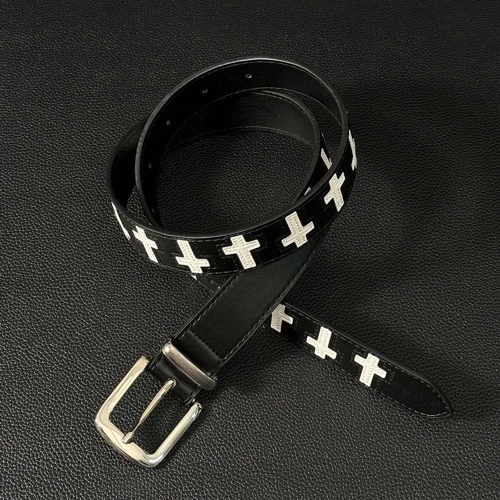 Black White Punk Women Men Belt PU Leather Y2K Retro Pin Buckle Belt Hip Hop Cross Pattern Streetwear Waist Belt For Jeans