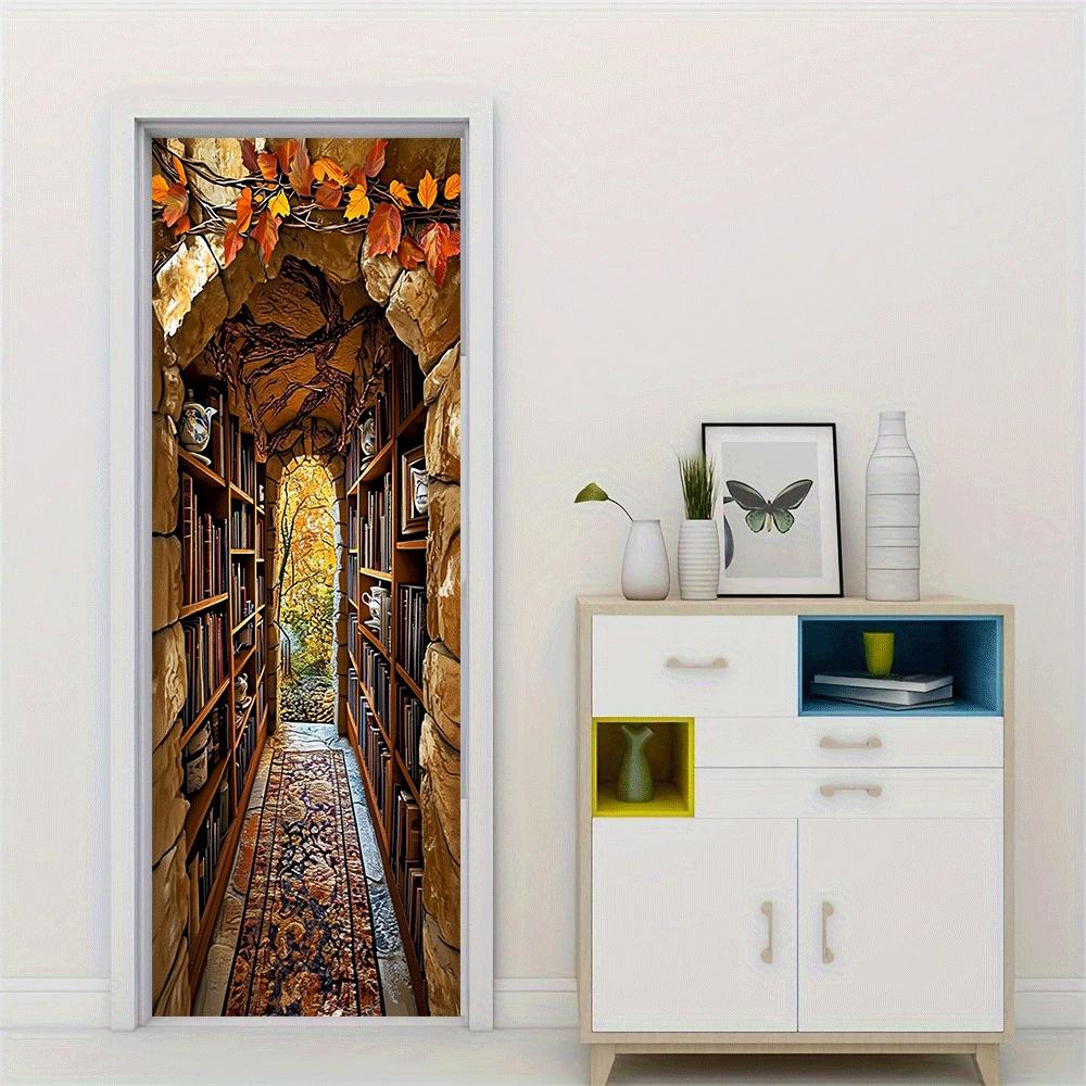 2pcs Autumn Magic Library Door Stickers Simulated Stone Wall Bookshelf Fallen Leaf Decoration Stickers Living Room Bedroom Study