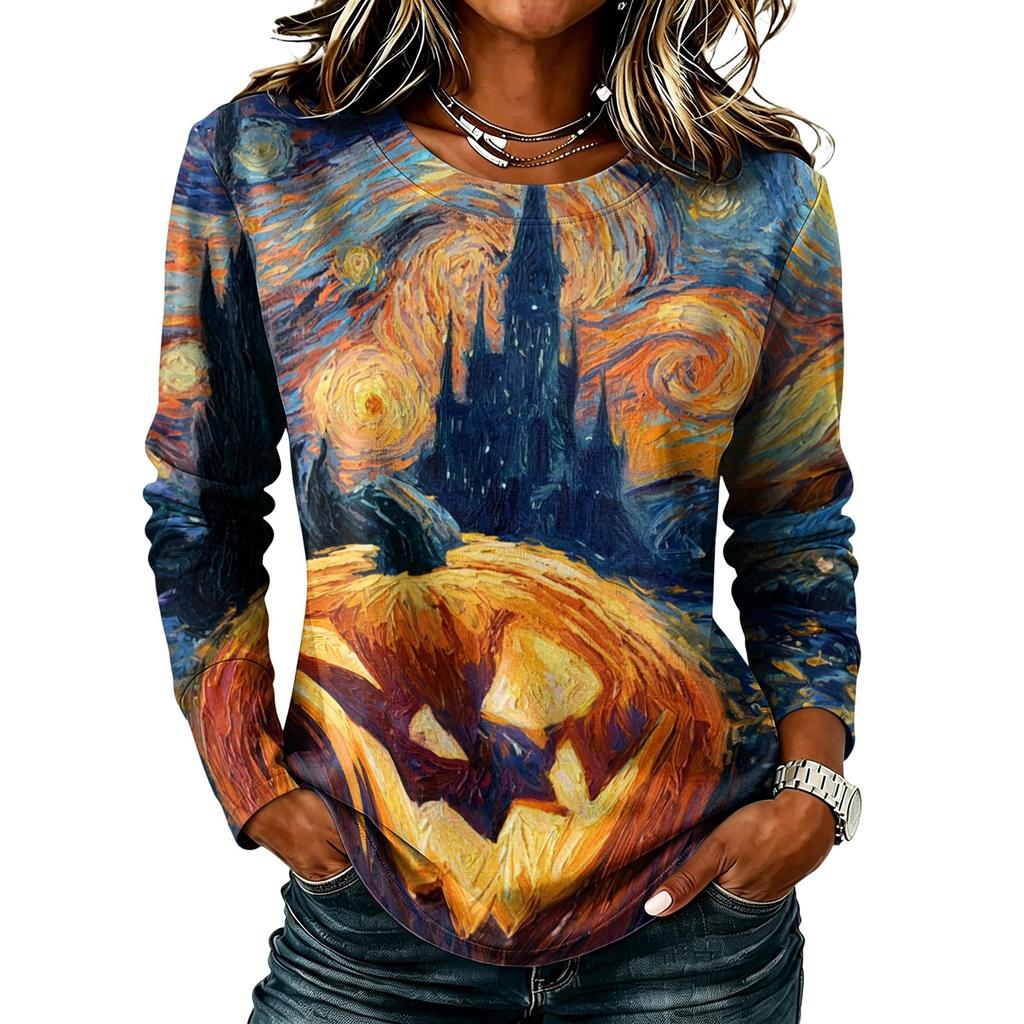 Women's Casual Long Sleeve Halloween Print T-Shirt Round Neck for Fall Parties