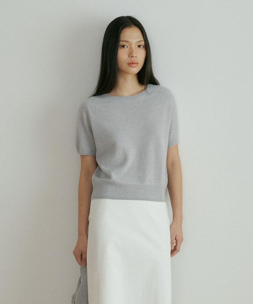 Lingseoul Wool Round Neck Half Sleeve Knit Top-Sky Blue