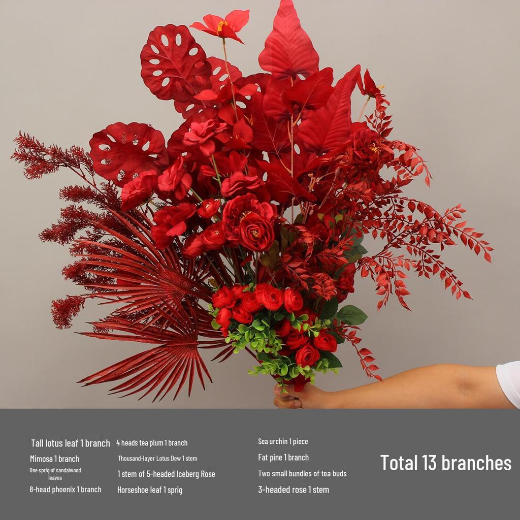10-Piece Burgundy Floral Décor Set: Red-Toned Artificial Flowers, Mat, Aisle Runner, Wedding Decoration