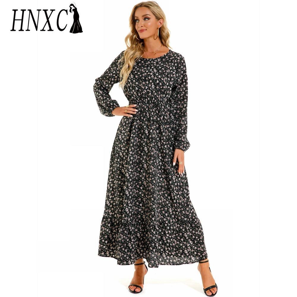 HNXC Spring Summer Bohemian Women Maxi Dress Casual Long Sleeve High Waist Beach Dress Women Floral Chiffon Dresses Vestidoes Mujer New