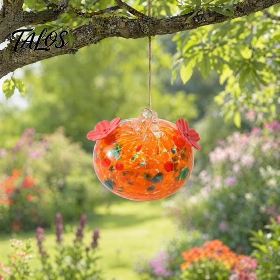 Talos Blown Glass Hummingbird Feeder, Outdoor Hanging Colorful Nectar Feeder with Two Flower Feeding Ports for Garden Backyard Decor