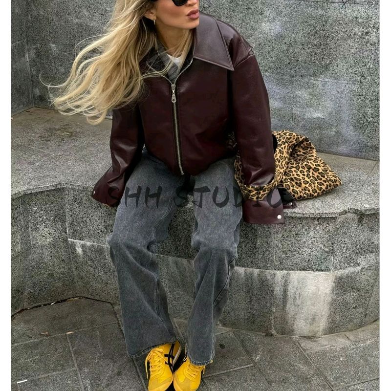 Autumn New Product Women clothes American vintage Zipper Lapel Long sleeve Pu Anti-Leather Loose Crop jacket Outerwear