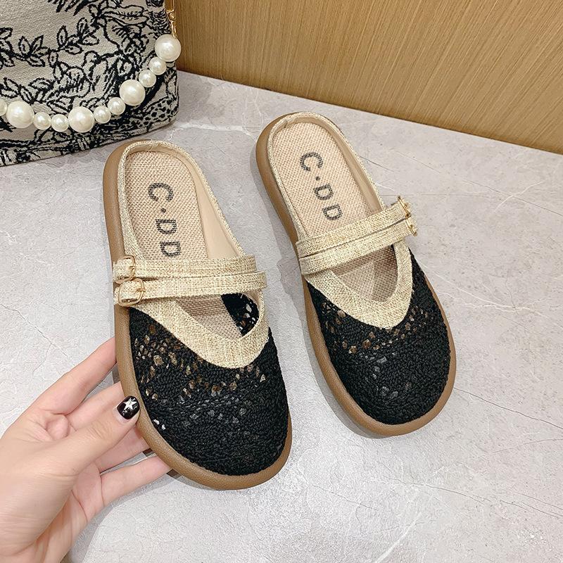 

Баотоу льняные полутапочки женские лето 2025 новые литературные и художественные плетеные с полым узором на плоской подошве для ленивых ношения прохладные тапочки 40 чёрный