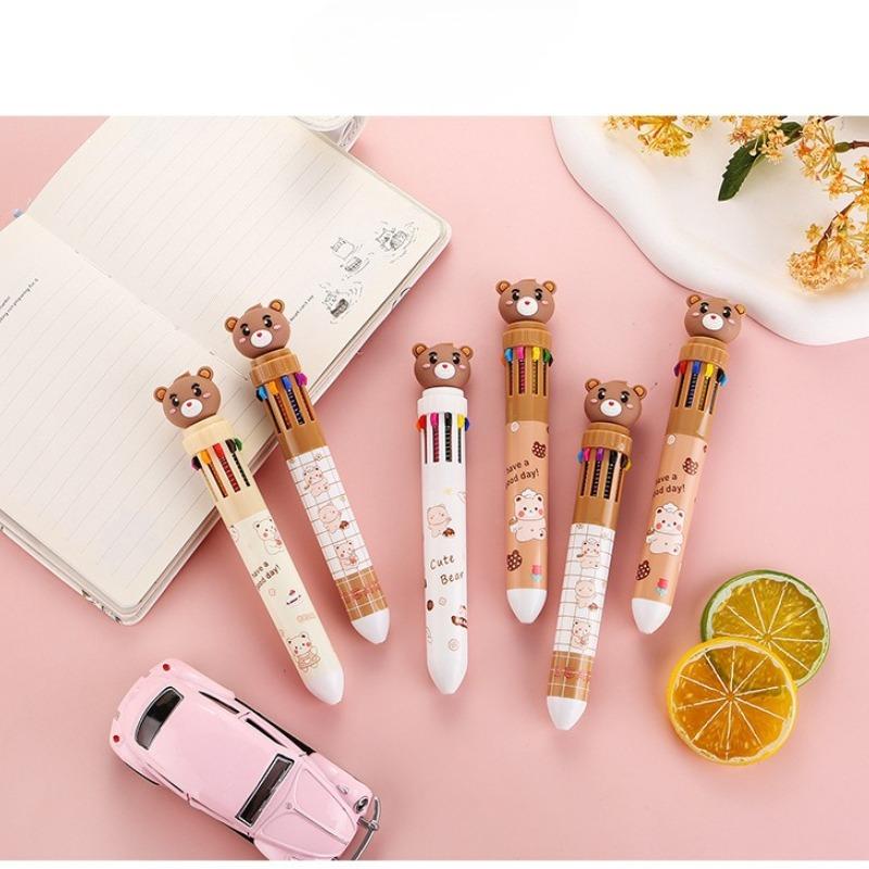 1 Pc Little Bear Ten Color Ballpoint Pen Fluent Writing Suitable for Office Work, Brushing Questions, Signing Writing, Diaries, Notes, Student Class