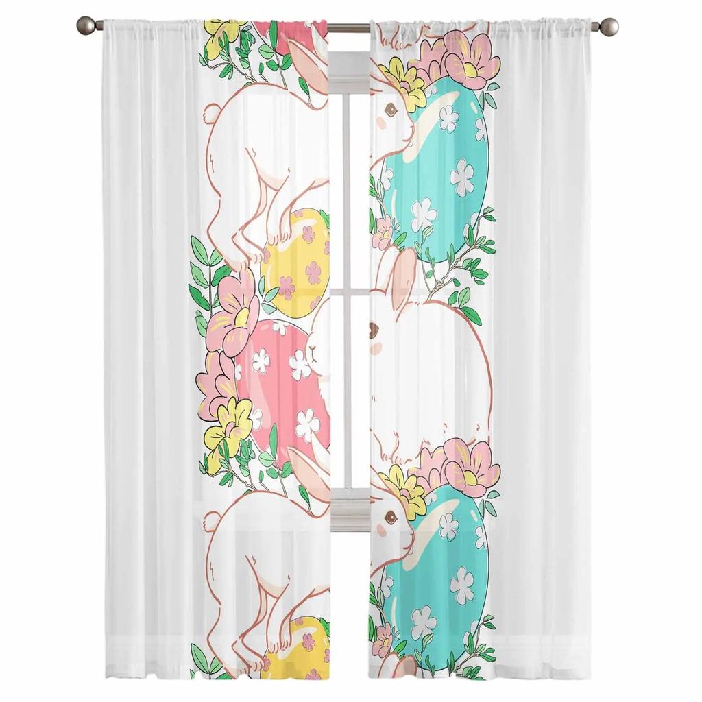 Easter Egg Bunny Flowers Tulle Curtains For Living Room Sheer Curtain For Bedroom Kitchen Blinds Voile Curtains