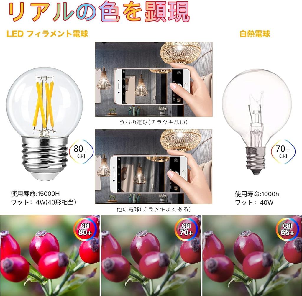 E26 LED Bulb, Dimmable, 40W, Warm White, Edison Bulb, 4W, Filament Bulb, G50, Globe Shape, Retro, Clear Bulb, PSE Certified, Pack of 2