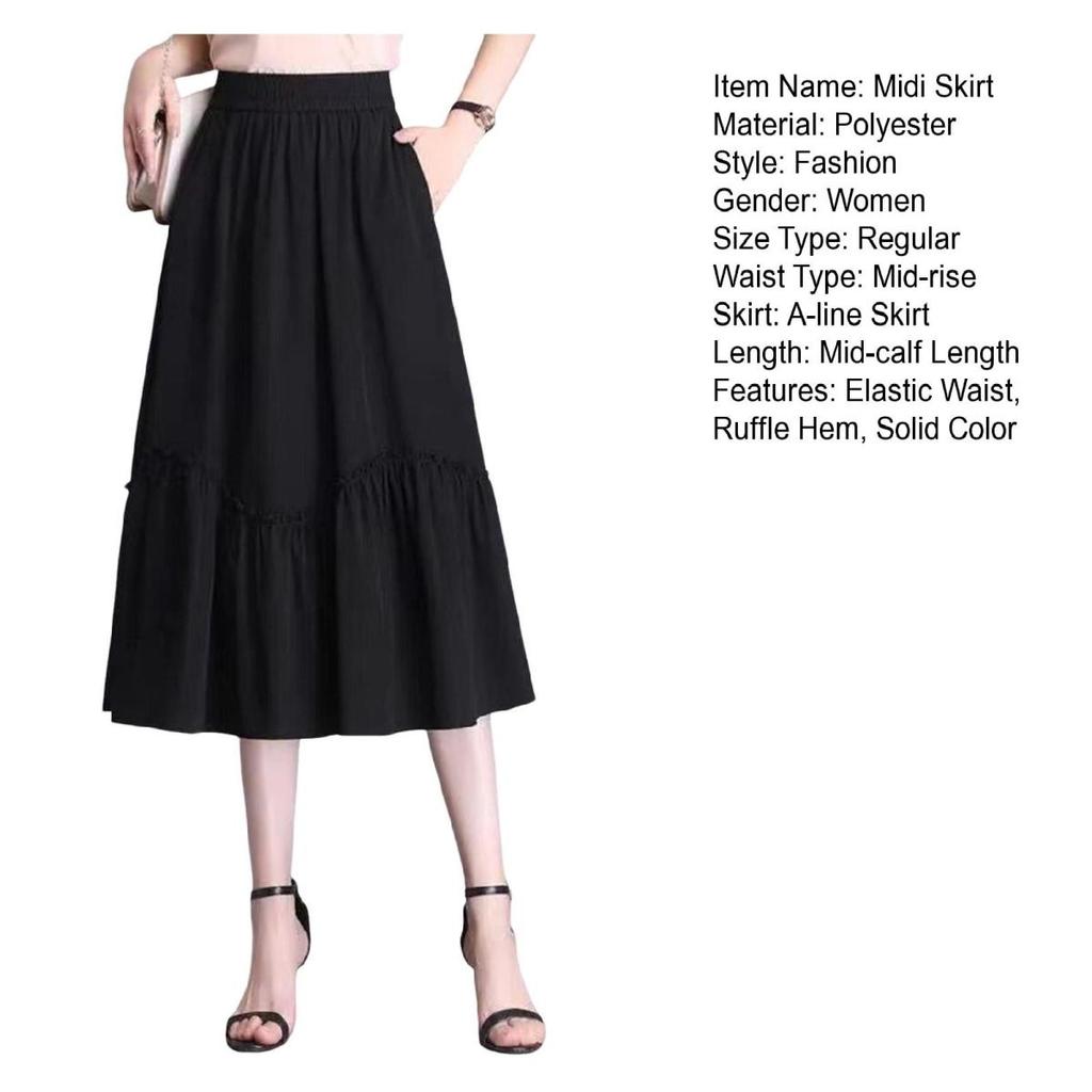 Yousheng Damen Midirock Elastischer Hoher Bund A-Linie Langer Rock mit Taschen Einfarbiger Dünner Stil Rock Schlankmachendes Design Rock