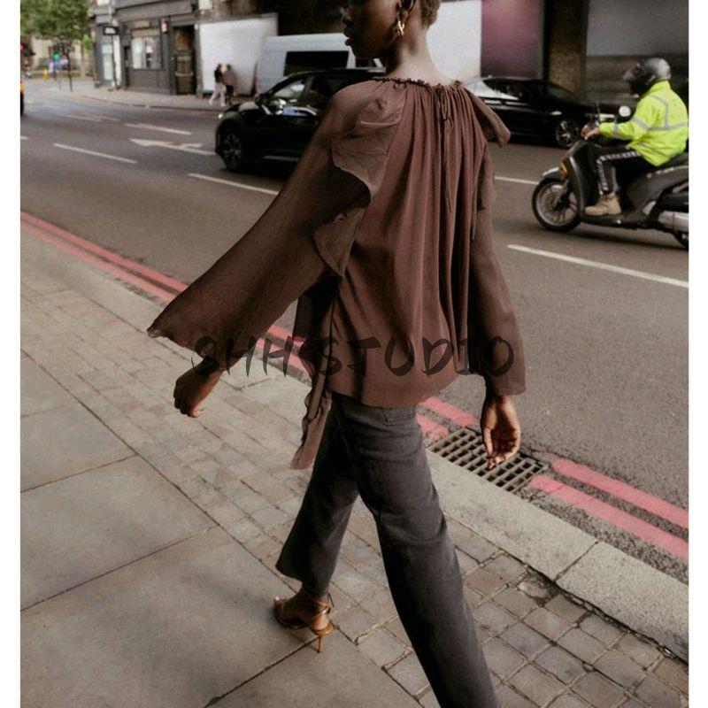Autumn New Women's Clothing Bows Lace-up Round Neck Long Sleeves Drape Laminated Decoration Shirt 1058629
