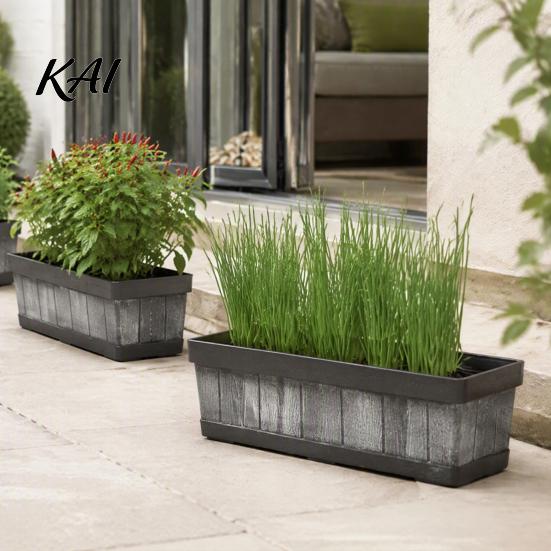 Long Flower Planter for Railings 18 Inch Rectangular Box, Imitation Wood Grain Window Box Planter, Plastic Vegetables Large Capacity Gardening