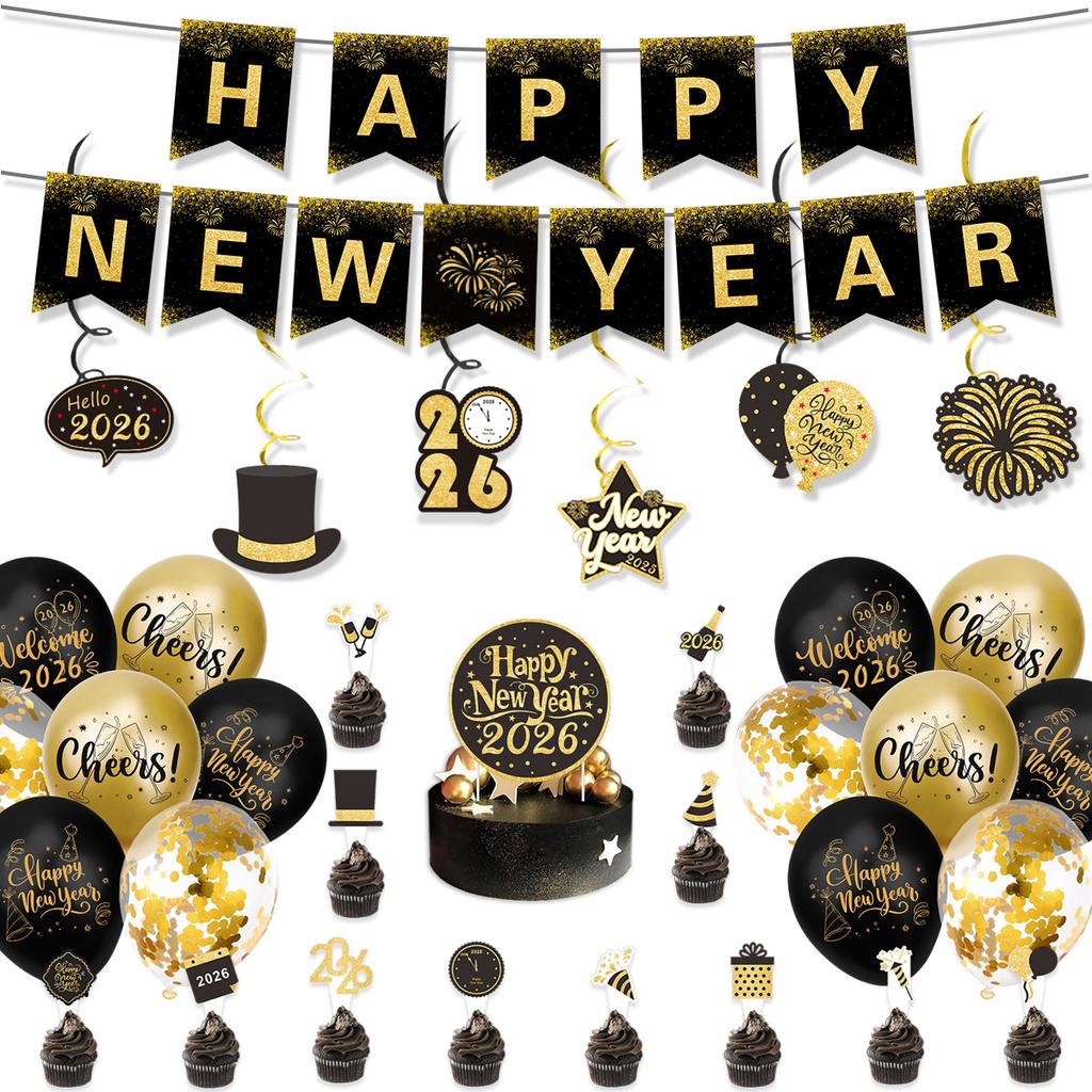 Happy New Year Banner New Year'S Party Decoration Black Gold Flag Balloon Set Customization