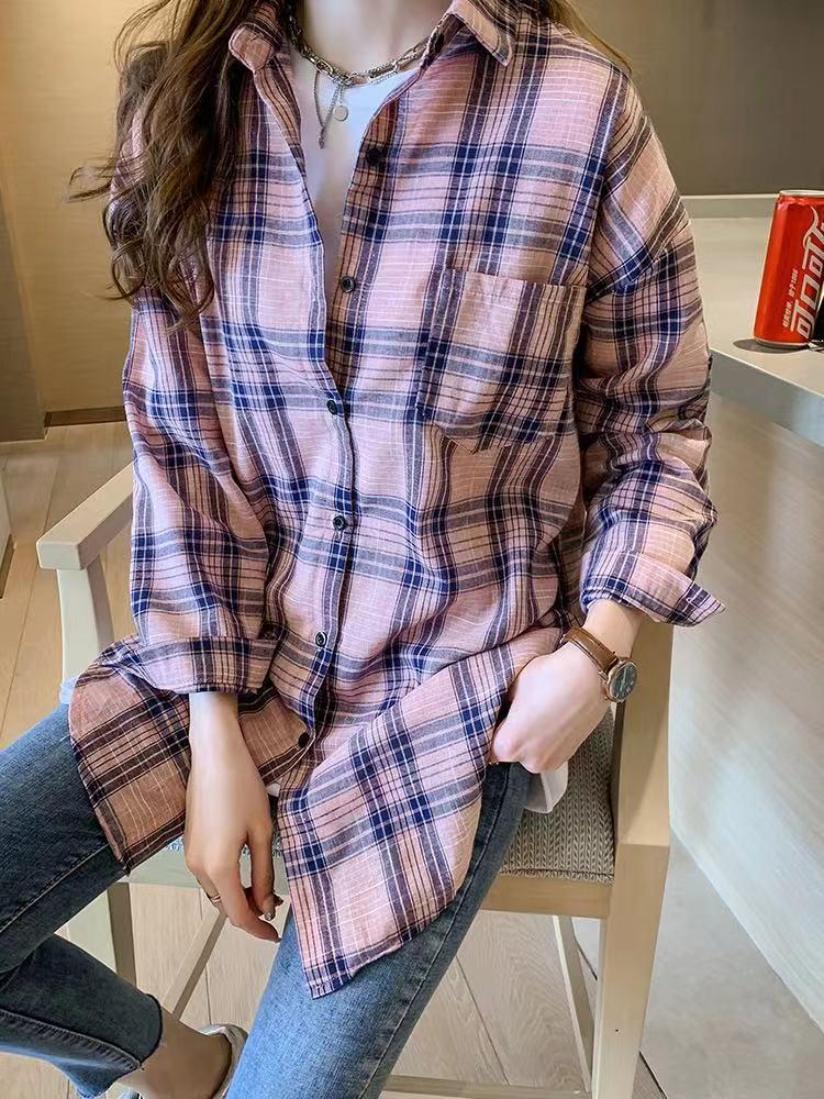 2026 Spring Elegant Korean Plaid Long Sleeve Women's Loose Casual Shirt Jacket