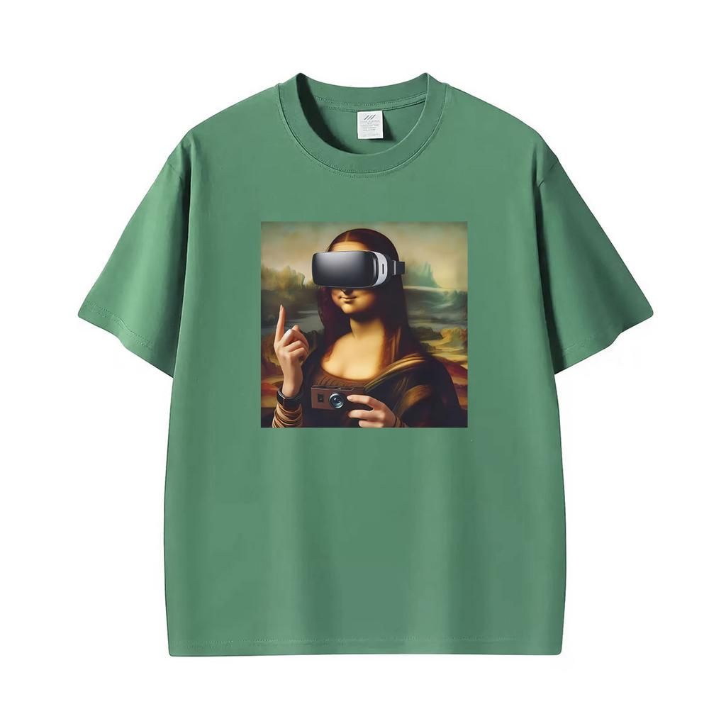 Funny Mona Lisa With Headset Funny Meme Graphic T Shirts Unisex Unisex Casual Cotton Tshirt Fashion Short Sleeve Oversized Tshirts