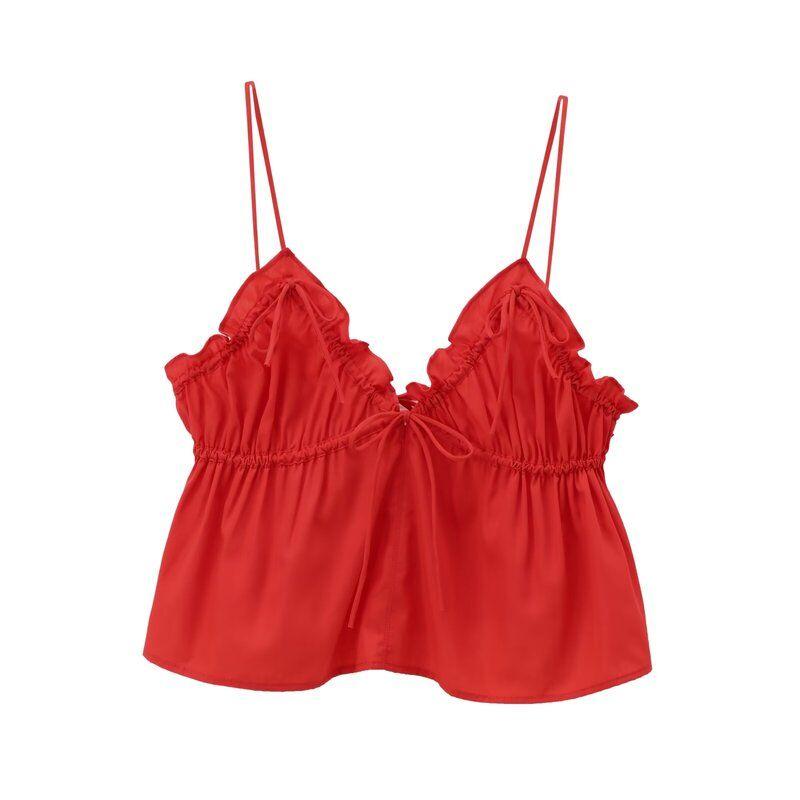 

Модный Ветер 2024 Новая Осенняя Женская Одежда Стильный V-образный вырез Бретели Бант Декор Поплиновые Топы 2715200 Red S