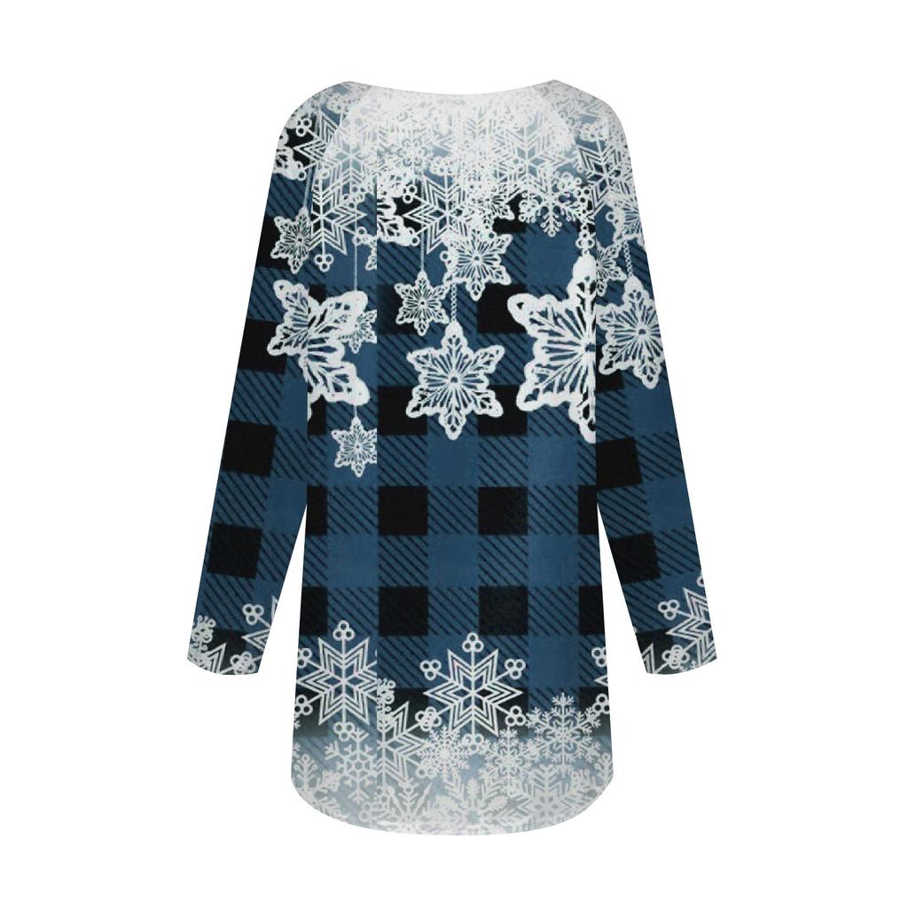 Women's Casual  Plus SizeLong Sleeved Round Neck Christmas Snowflake Plaid Printing T-shirt Top Pullover