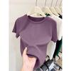 Women's Pink Thickened Brushed Cotton Short Sleeve T-shirt - Korean Style, Straight Shoulder, Round Neck for Spring, Summer, Autumn (2026 New)
