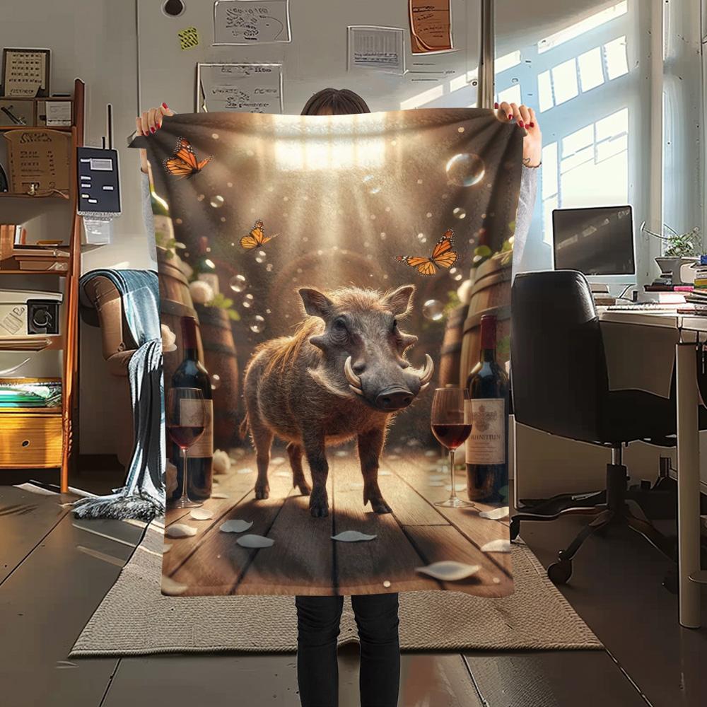 1PC Warthog Print FlAannel Blanket, High quality Comfortable for All Seasons, Home Decor, Warmth and Comfort