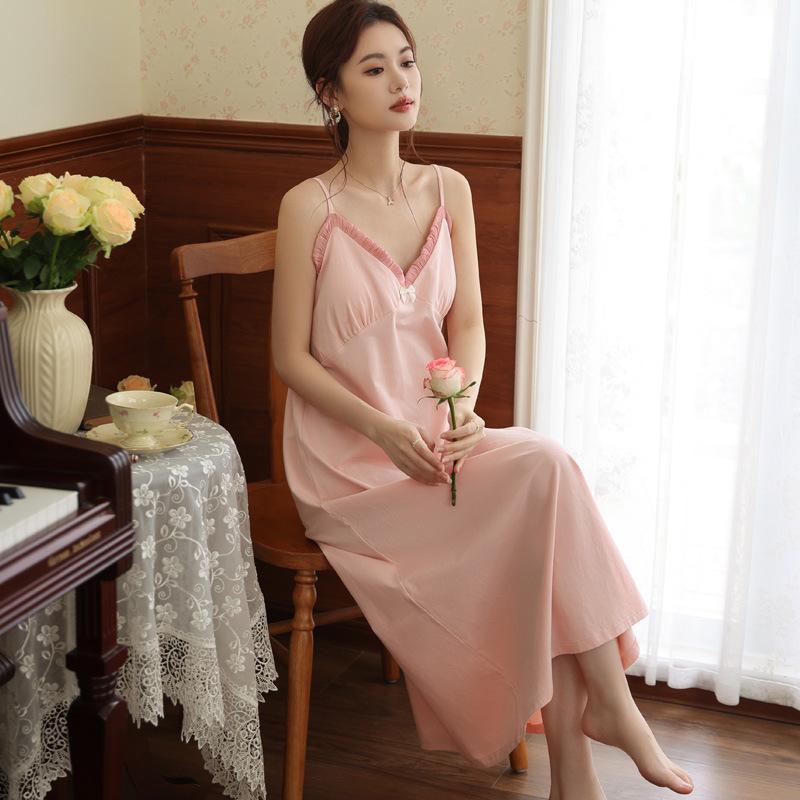 Suspender Nightdress Women's Summer High-end Temperament Lace French Long Pajama Skirt with Chest Pad Can Be Worn Outside Loungewear Cotton