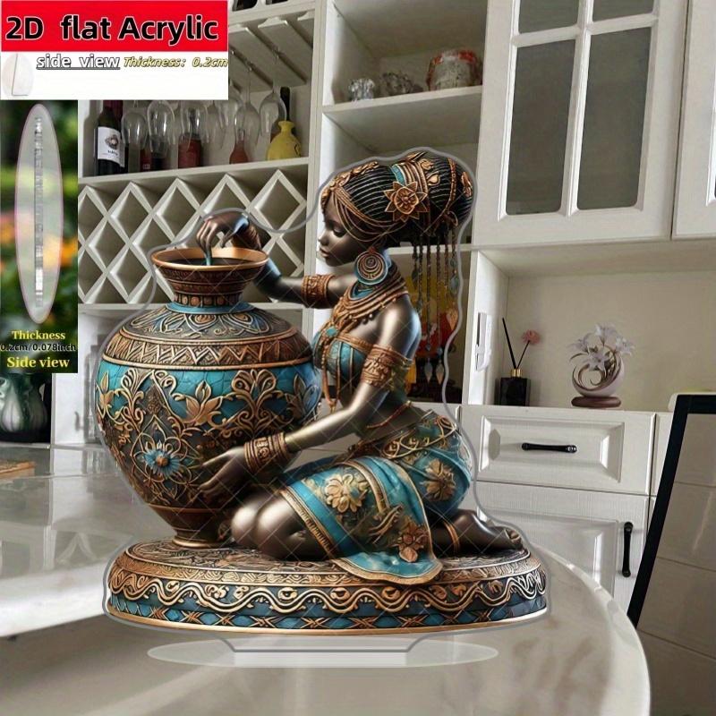 2D Flat African-Inspired Acrylic Desktop Decoration, Blue & Golden Floral Design, Suitable for wall Decoration, porch, Room, Villa, accents Home, Hall