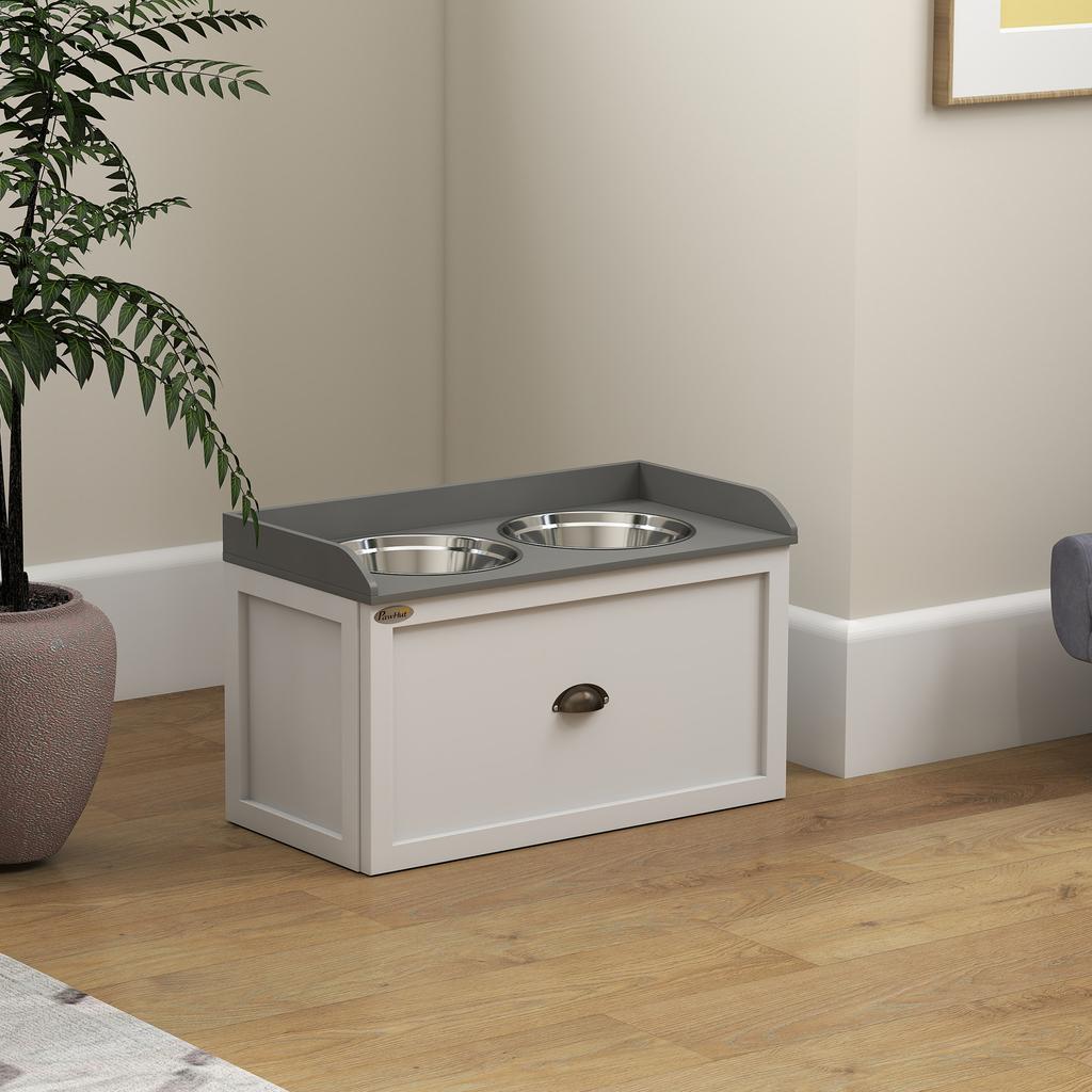 Raised Stainless Steel and Wood Dog Bowls with Drawer, 60x30x36cm, White and Grey