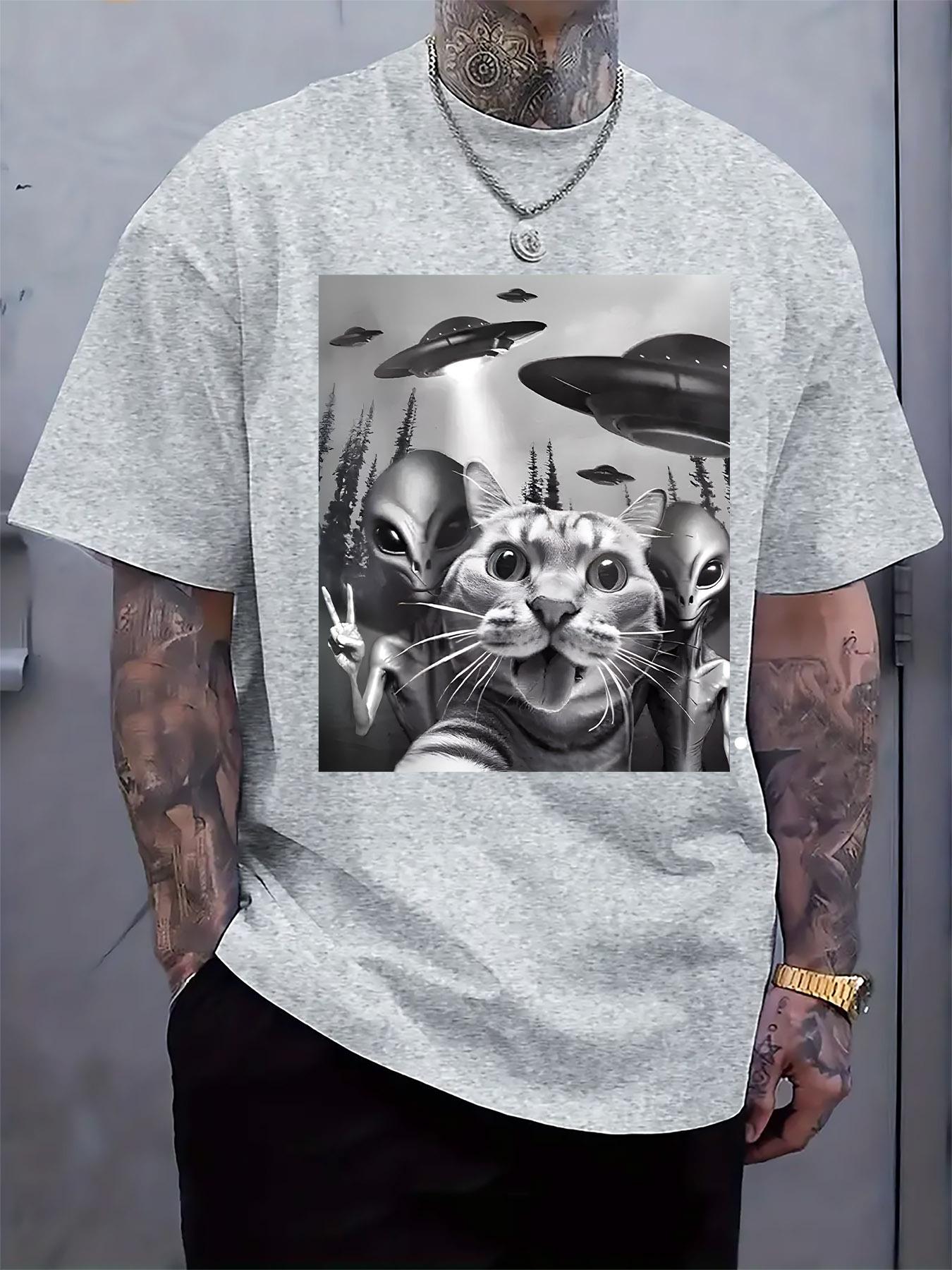 Casual Crew Neck Short Sleeve Tshirt with Alien and Cat P... XXXL