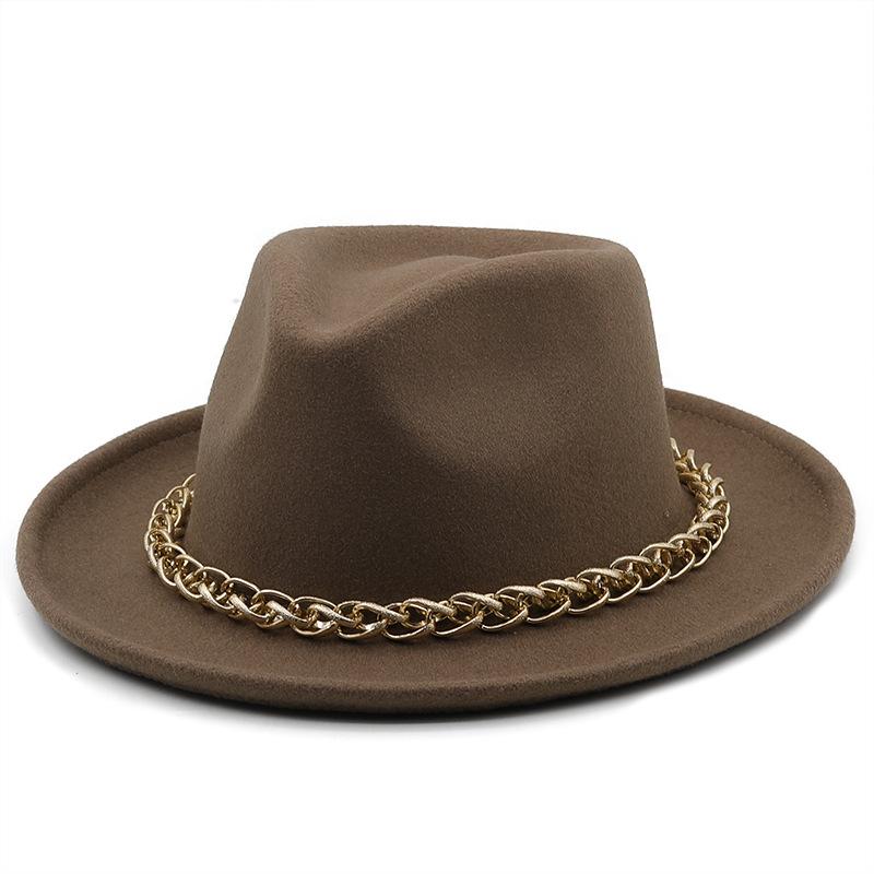 Autumn and winter simple wool upturned edge hat metal chain top hat women's European and American retro celebrity jazz hat