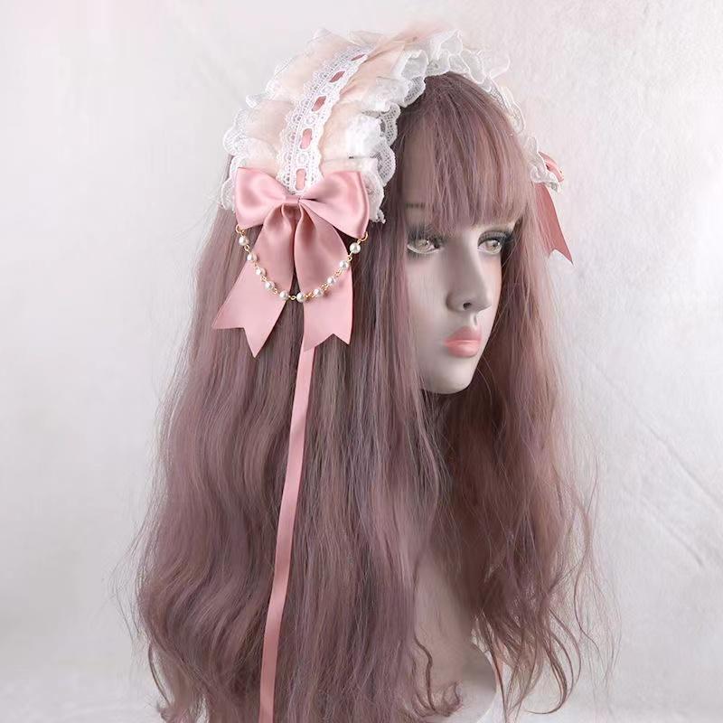 Ruffled Lace Headpiece Headband Weet Lolita Bowknot Maid Headdress Women Girls Japanese Style Crisscross Ribbon Pearls Beaded