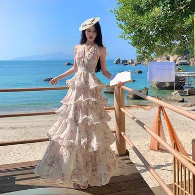 Morning Dew Rose GardenFrench Vacation Style Printed Neck Chiffon Cake Long Dress Women's Collar Beach