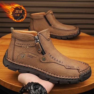 Retro Herrenstiefel Handgefertigte Leder-Knöchelstiefel Herren Handgenähte Stiefel Für Mann Herbst Winter Outdoor Rutschfest Warm Reißverschlussstiefel