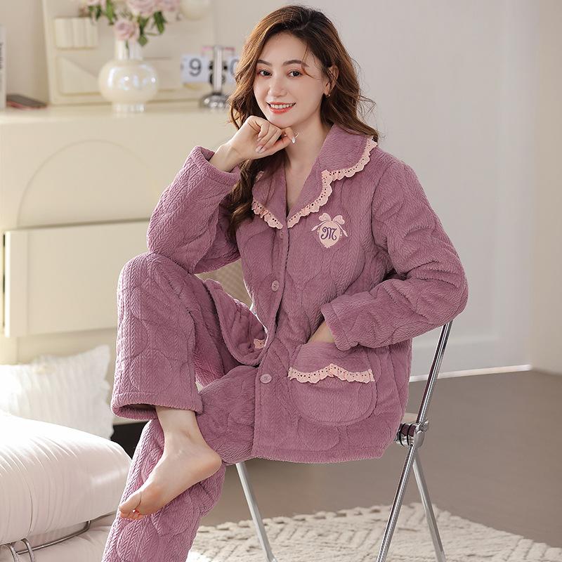Pajamas Women'S Winter Coral Fleece Three-Layer Padded Cotton, Thickened And Velvet Winter Thermal Padded Jacket Can Be Worn Outside Loungewear Set